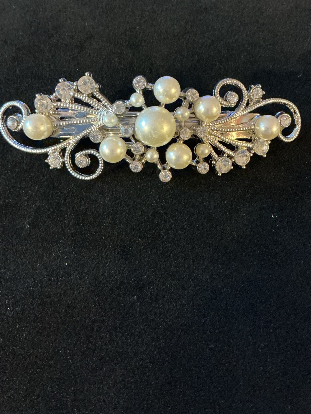 Faux Pearl and Rhinestone Silver Tone Statement Hair Barrette Clip